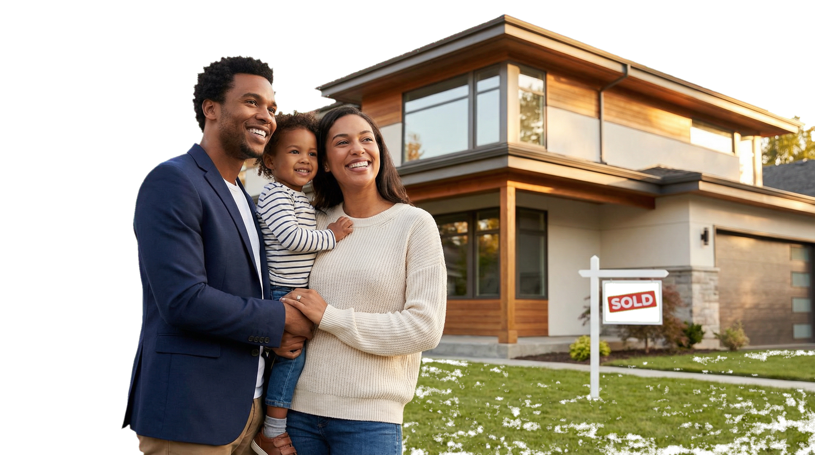 Happy family in front of new home